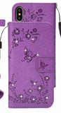 For Iphone XR Bling Diamond Flower Leather Wallet Case  PU Butterfly Card Slot Phone Flip Cover