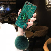 Marble Fashion Hair Ball Lanyard Round Shiny Diamond Stand Soft cover case for iphone MAX XS