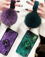 Marble Fashion Hair Ball Lanyard Round Shiny Diamond Stand Soft cover case for iphone MAX XS