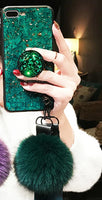 Marble Fashion Hair Ball Lanyard Round Shiny Diamond Stand Soft cover case for iphone MAX XS