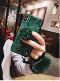 Marble Fashion Hair Ball Lanyard Round Shiny Diamond Stand Soft cover case for iphone MAX XS