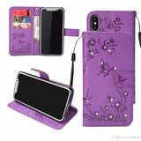 For Iphone XR Bling Diamond Flower Leather Wallet Case  PU Butterfly Card Slot Phone Flip Cover
